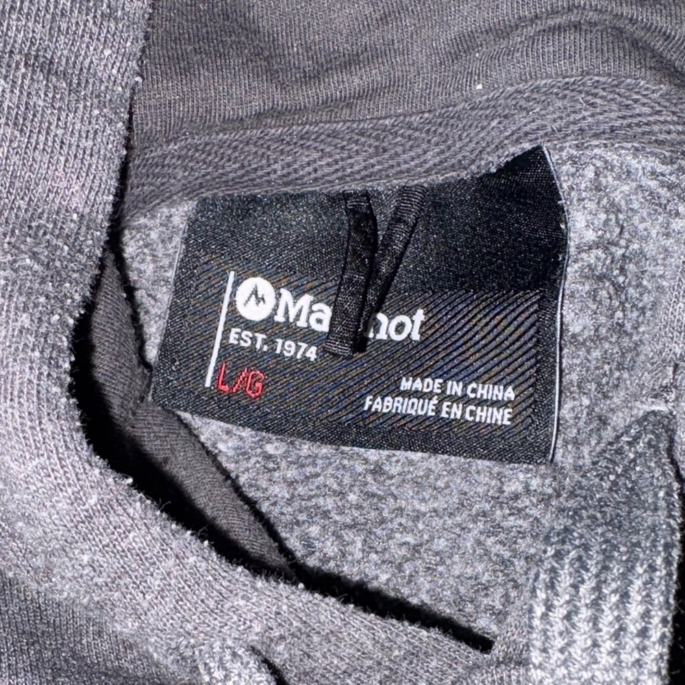 Marmot Men's Charcoal Hoodie with Logo drawstring with front pocket size large - Picture 2 of 5